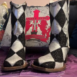 Black and Silver Harlequin Patchwork Leather Cowgirl Boots Tanner Mark